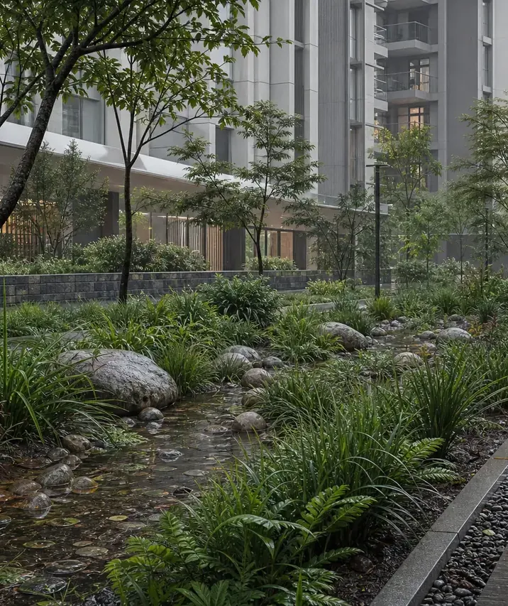 Rain garden and paved walkway beside the towers of Embassy Millennium
