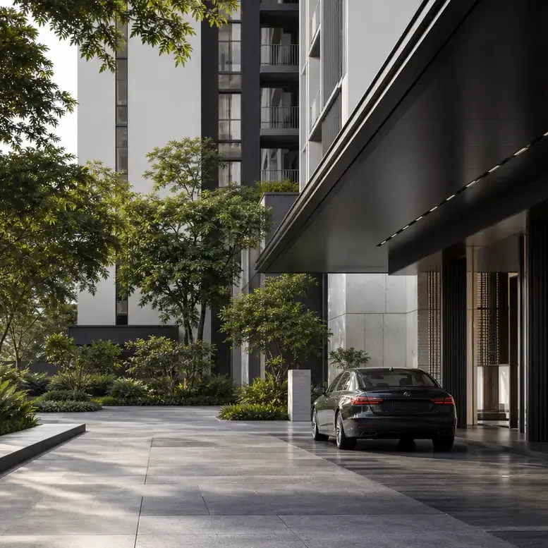 Landscaped arrival court at a tower entrance
