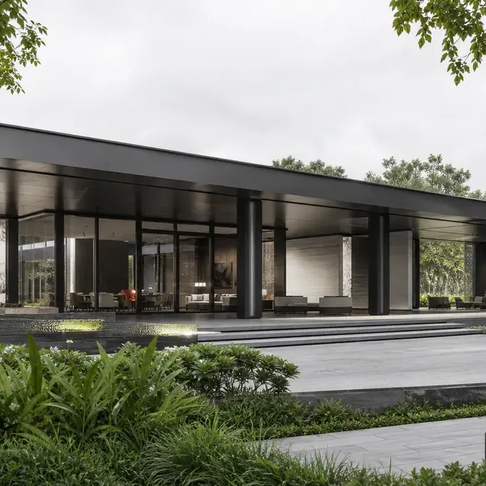 Clubhouse pavilion with glass walls set in gardens