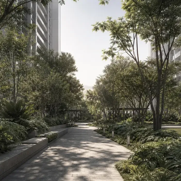 Tree-lined landscape walk between the towers
