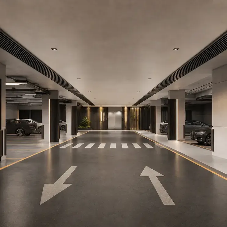 Basement drive with marked lanes to the parking levels