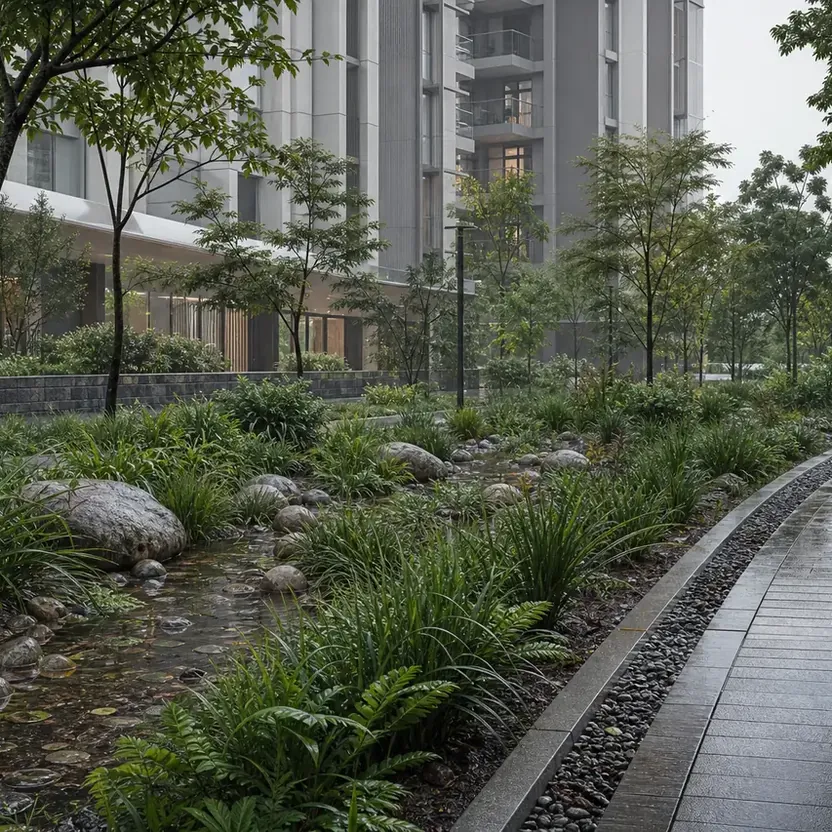 Rain garden with native planting and a stone path
