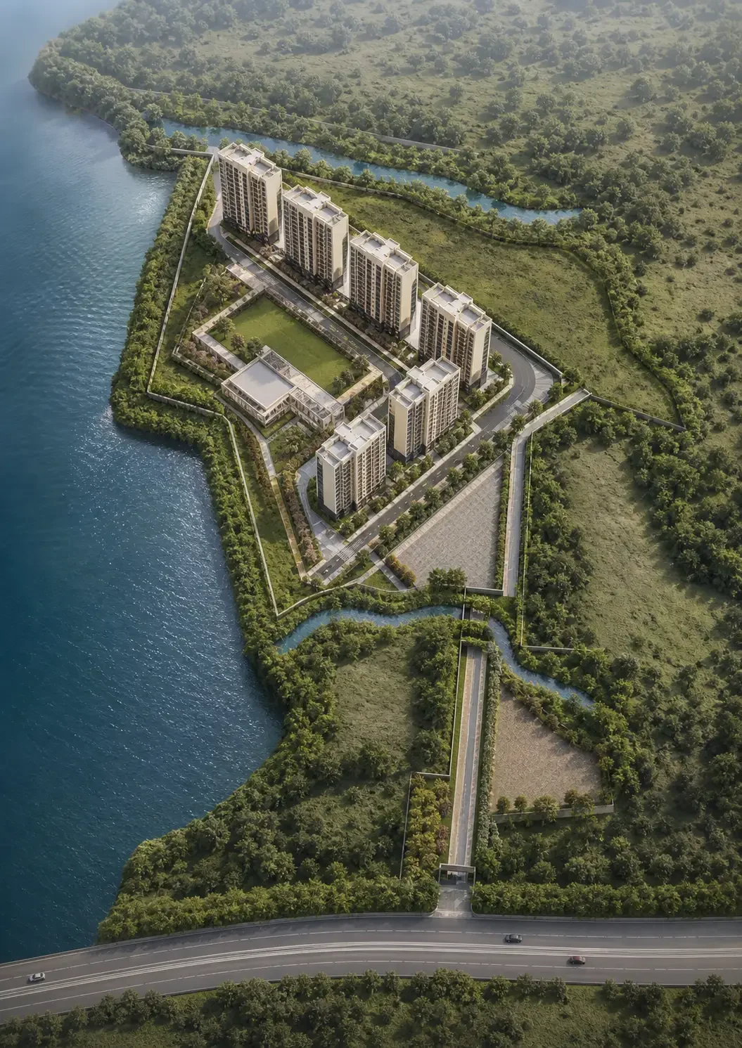 Aerial view of the Embassy Millennium master plan: six towers around a central lawn and the clubhouse, set in landscaped greens