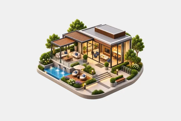 Illustration of the clubhouse with a pool-side terrace