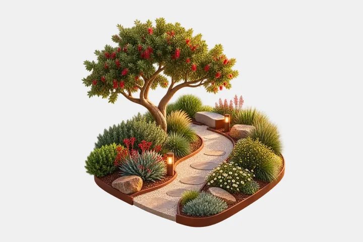 Illustration of a planted garden with a winding path