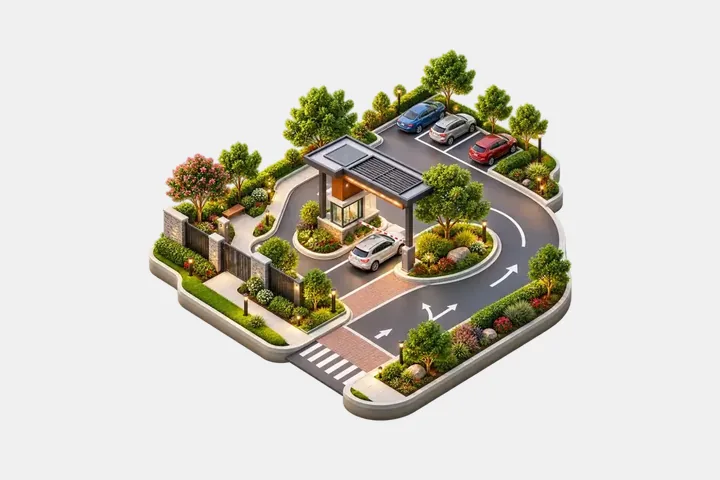 Illustration of the landscaped arrival court and drop-off